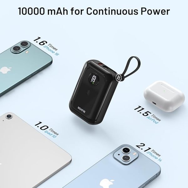 BLAVOR Portable Charger with Built-in Cable, PD 20W Fast Charging Power Bank, 10000mAh Mini Power Pack, USB-C Bidirectional in/Output Small External Battery Pack for iPhone 16 15 14 13 Pro Max SE - Image 3