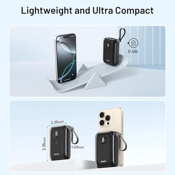 BLAVOR Portable Charger with Built-in Cable, PD 20W Fast Charging Power Bank, 10000mAh Mini Power Pack, USB-C Bidirectional in/Output Small External Battery Pack for iPhone 16 15 14 13 Pro Max SE - Image 2